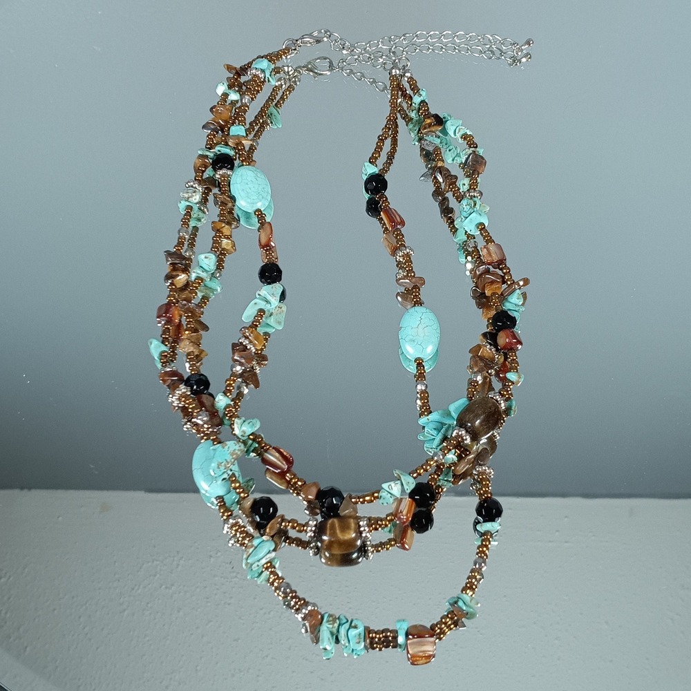 Bohemian Beaded Layered Necklace Turquoise Brown Faceted Gemstones Silver Tone